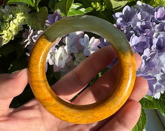 58 mm | Bicolor Jade Bangle Bracelet | Yellow Green Serpentine | 16mm Width