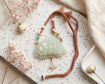 Hand-Carved Serpentine Jade Peony Pendant Necklace: Artisan Mint Green Flower