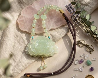 Hand-Carved Serpentine Jade Peony Necklace, Light Green Flower Charm, Adjustable Cord