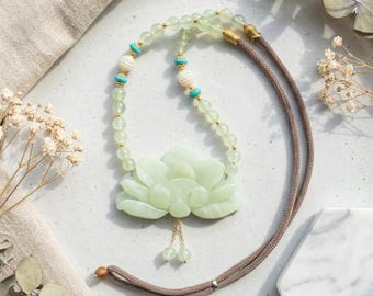 Hand-Carved Serpentine Jade Peony Necklace: Oriental Amulet, Artisan Jewelry
