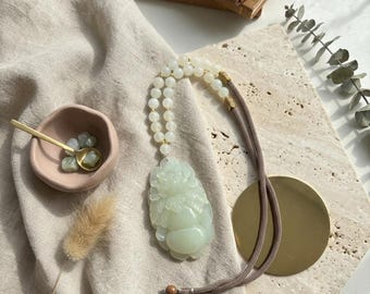 Hand-Carved Serpentine Jade Peony Pouch Necklace, Light Green Prosperity Talisman Pendant