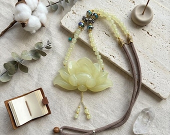 Hand-Carved Serpentine Jade Lotus Pendant Necklace, Aurora Crystal Beads, Zen Mandala Style
