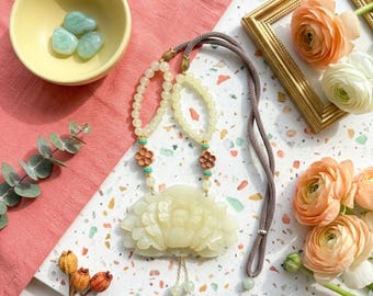 Hand Carved Serpentine Jade Peony Flower Necklace Traditional Chinese Style Pendant Gift for Her