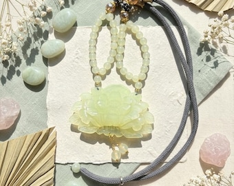 Hand Carved Serpentine Jade Pendant, Blooming Flower Necklace with Tassel, Zen Jewelry