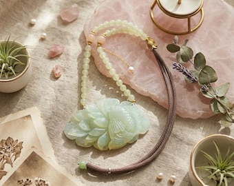Hand-Carved Serpentine Jade Fish Pendant Necklace: Pastel Aquatic Flower Choker