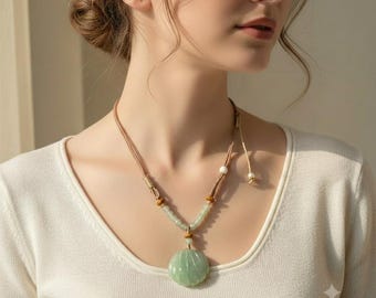 Interactive Shell Pendant with Moving Pearl, Hand-Carved Serpentine Jade Necklace, Fidget Jewelry for Anxiety