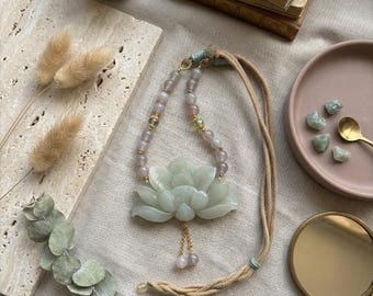 Hand-Carved Serpentine Jade Lotus Necklace: Zen Meditation Jewelry