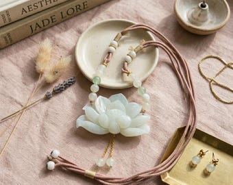 Hand-Carved Serpentine Jade Lotus Necklace, Blush Pink Cord, Inner Peace Meditation Jewelry