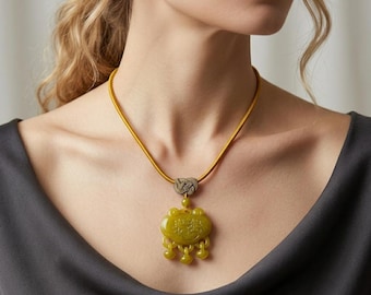Golden Serpentine Peace Lock Necklace, Hand-Carved Jade Amulet, Traditional Chinese Lucky Charm, Meaningful Jewelry