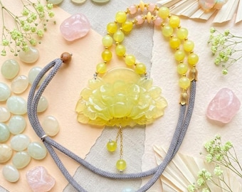 Rare Yellow Serpentine Jade | Hand Carved Jade Pendant Necklace | Blooming Flower | Boho Artisan Jewelry