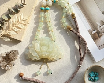 Hand-Carved Serpentine Jade Peony Necklace with Turquoise Beads – Artisan Zen Jewelry