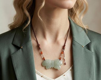Hand-Carved Serpentine Jade Butterfly Pendant Necklace, Botanical Nature Jewelry