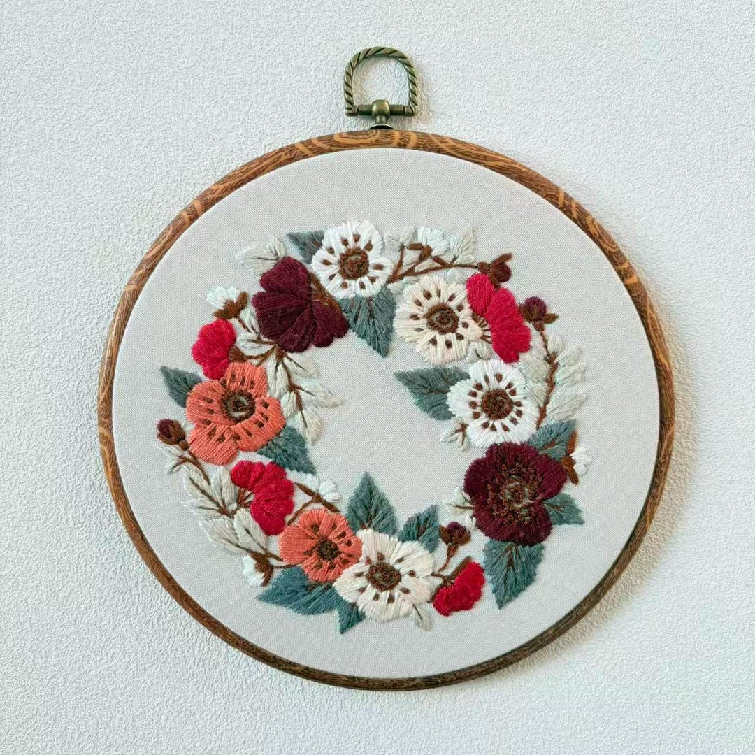 Finished Embroidered Floral Wreath Wall Art | 8.7" Hoop Hanging - Etsy