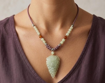 Hand-Carved Serpentine Jade Grape Pendant Necklace, Abundance Symbol, Green Jade Amulet