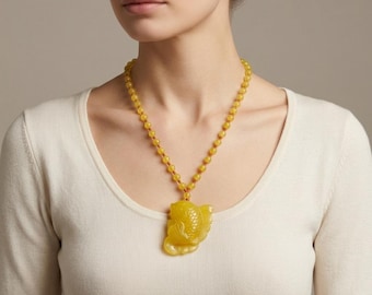 Hand-Carved Golden Serpentine Fish Pendant Necklace, Yellow Jade Lucky Charm, Prosperity Gemstone Jewelry