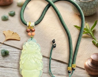 Hand-Carved Serpentine Jade Gourd Pendant Necklace, Blessed Flower Talisman, Adjustable Cord