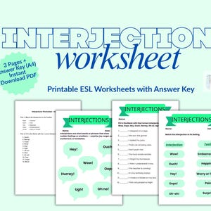Könnte beinhalten: Ein druckbares ESL-Arbeitsblatt mit dem Titel "Interjections Worksheet" mit einem Antwortschlüssel. Das Arbeitsblatt enthält Lückentexte und Zuordnungsaktivitäten. Das Design zeigt Sprechblasen mit Interjektionen wie "Hey!" und "Wow!"