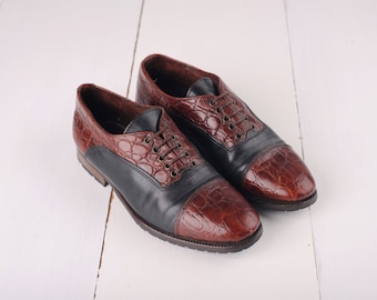 Vintage Bally Cap Toe Embossed Brown Leather & Black Oxford Shoes, Womens EUR 35, US 5 / ITEM146