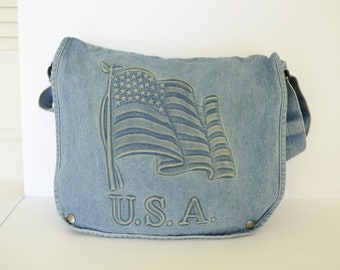 Vintage Denim Messenger Shoulder Bag USA design, made in USA / ITEM-F84