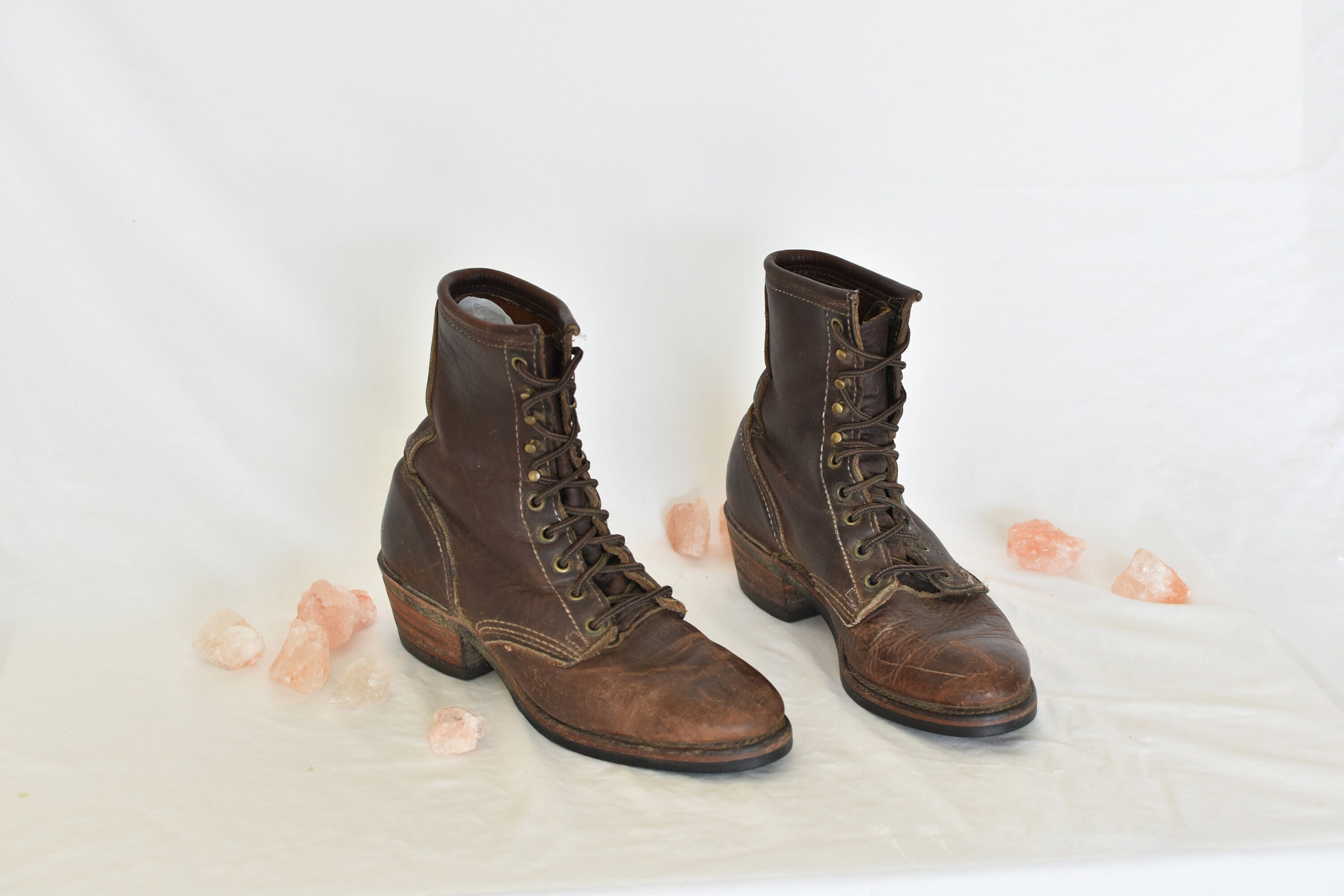 Vintage DD Tuff Brown Distressed Leather Roper Boots Vibram 