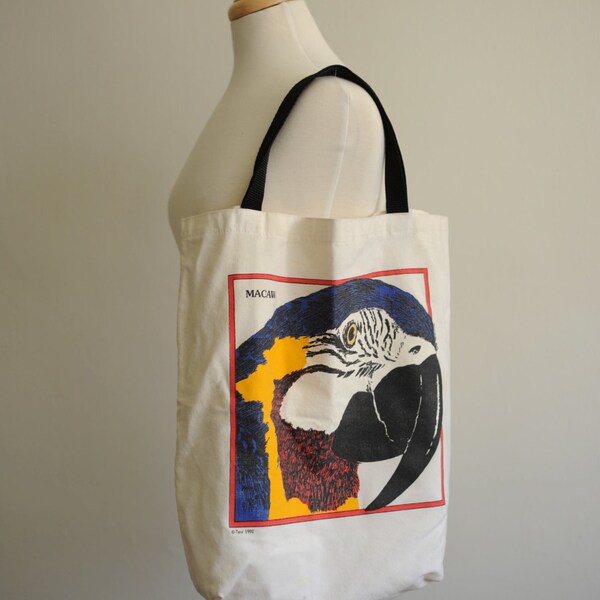 Vintage 1992 Macaw Bird Print Large Canvas Tote Bag