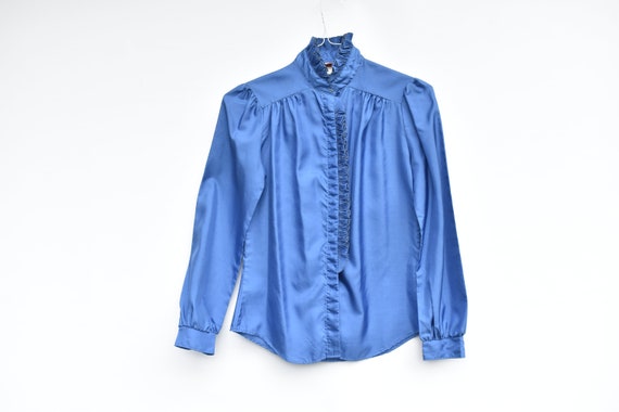 Vintage USA Blue Frilly Ruffled Blouse Victorian … - image 2