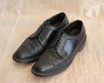 SALE Vintage Union Made and Stamped Black Pebbled Leather Wingtip Oxford Dress Shoes, Mens 8 1/2 / ITEM221