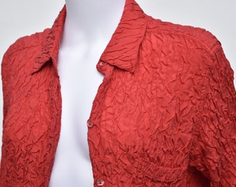 Vintage Red Silk Ruffled Scrunch Crinkled Button Up Long Sleeve Shirt by Chico's Design size 1