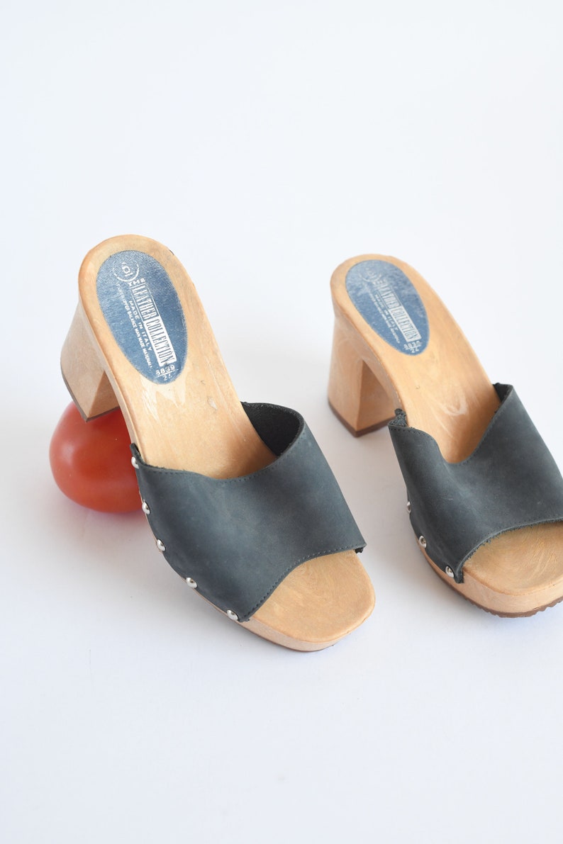 Vintage Blue Matte Leather Mules by Leather Collection, Made in Italy, Womens 6 / ITEM-F196 image 2