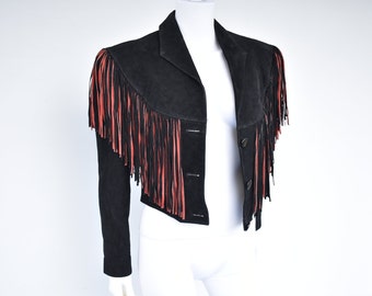 Vintage Leather Fringe Jacket Black and Red Fringe Tassels by Adler size M