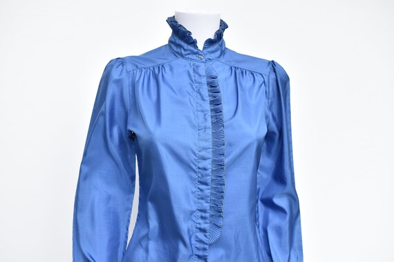 Vintage USA Blue Frilly Ruffled Blouse Victorian … - image 5