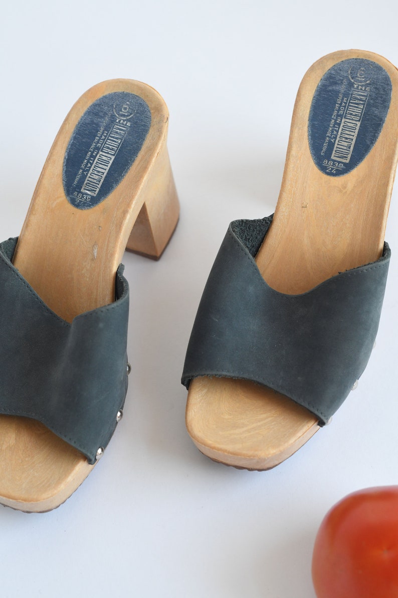 Vintage Blue Matte Leather Mules by Leather Collection, Made in Italy, Womens 6 / ITEM-F196 image 3