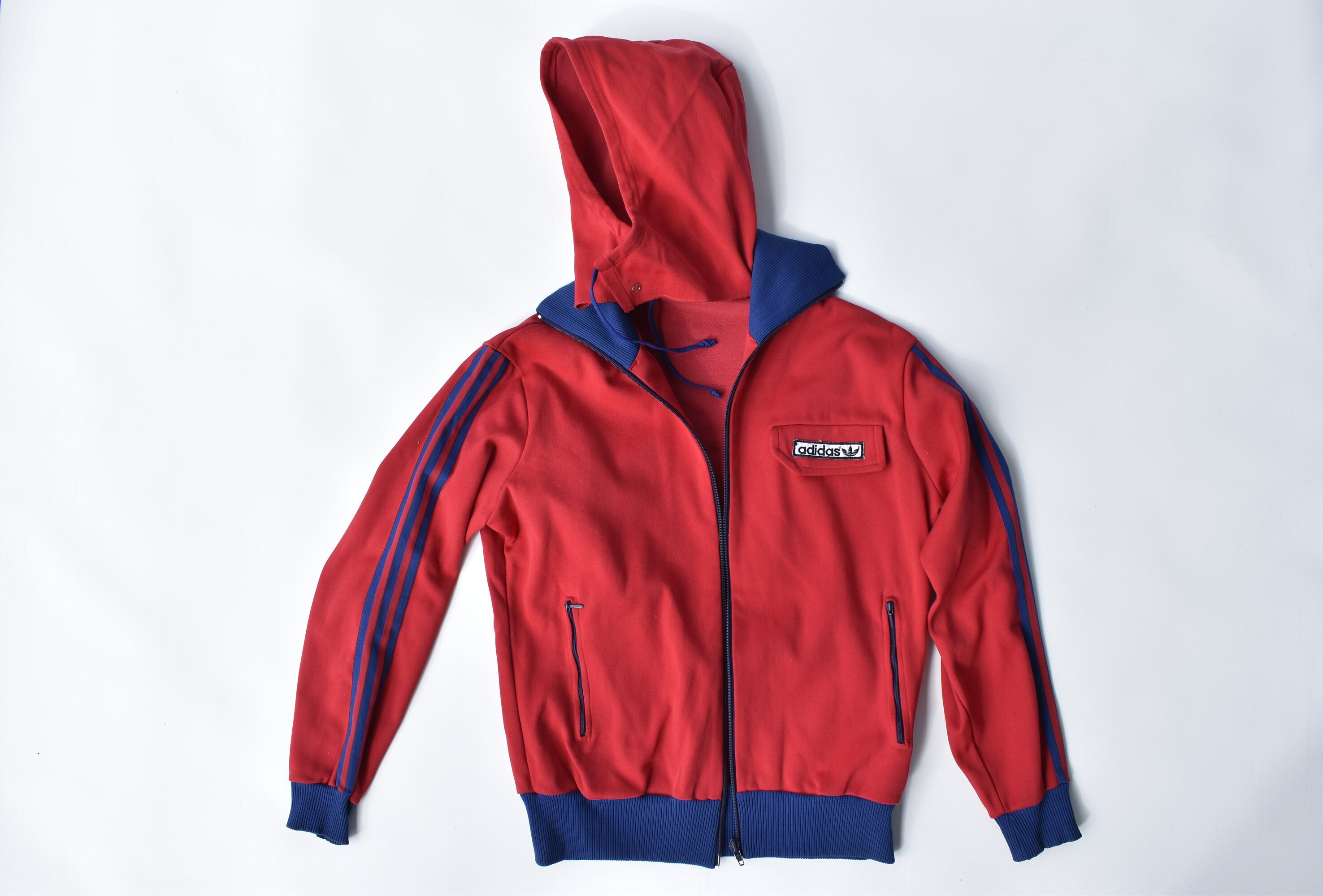 Vintage 80's Adidas Trefoil Hooded Track Jacket Red and Blue