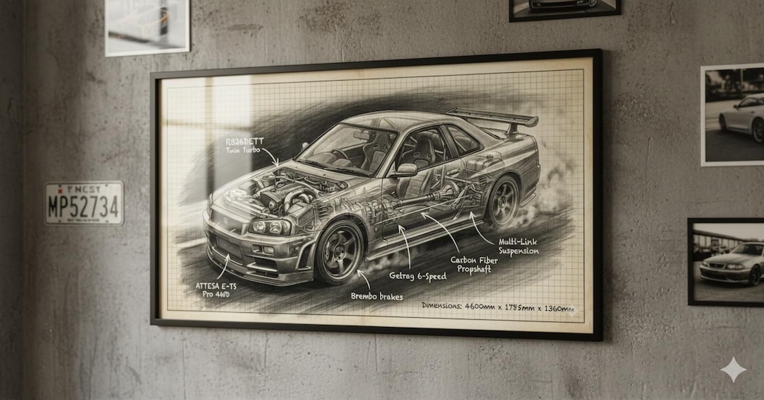 Gt R R34 Fnf Blueprint Nissan Skyline GT-R R34 Blueprint Wall Art – Technical Car Drawing, JDM ...