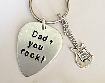 Guitar Pick Keychain For Dad Gift, Guitar Gift For Dad Keychain, Hand Stamped Keyring, You Rock, Dad Christmas Gift, Dad Birthday Gift
