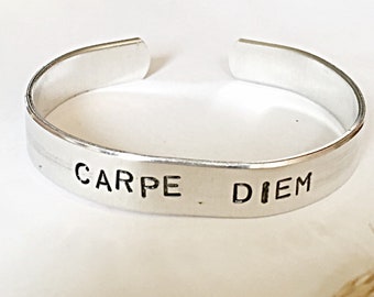 Carpe Diem Jewelry For Women Gift, Carpe Diem Quote Bracelet, Hand Stamped Jewelry, Cuff Bracelet, Aluminum Bracelet, Inspiration Bracelet