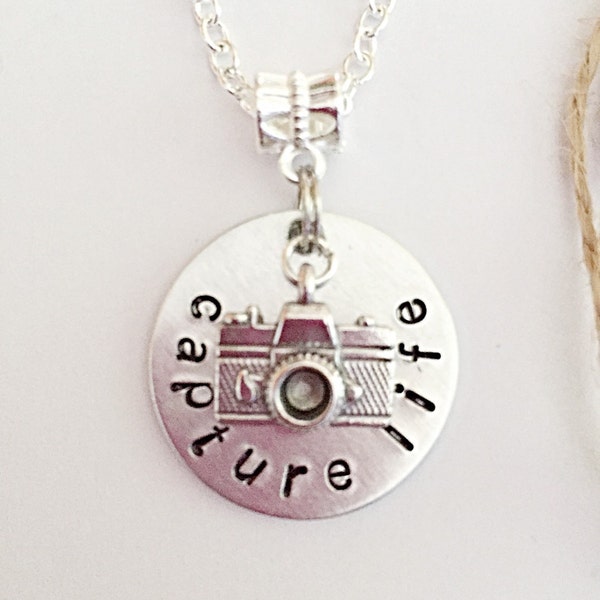 Camera Necklace For Women, Hand Stamped Necklace Camera, Capture Life, Quote Necklace, Photography Necklace, Camera Jewelry For Women Gift