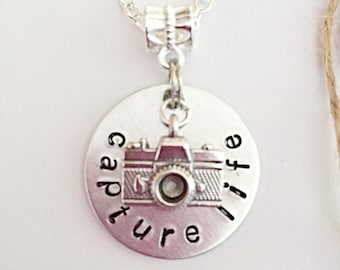 Camera Necklace For Women, Hand Stamped Necklace Camera, Capture Life, Quote Necklace, Photography Necklace, Camera Jewelry For Women Gift