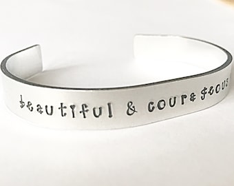 Courage Bracelet For Women, Hand Stamped Cuff Bracelet Silver, Pick Me Up Gift For Women, Gift For Friend, Support Gifts, Inspirational Gift