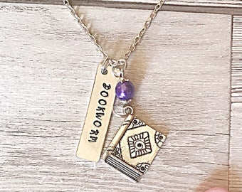 Bookworm Necklace, Hand Stamped Necklace, Book Charm, Book Pendant, Literary Jewelry, Bookworm Gift, Gift For Book Lover, Gift For Women