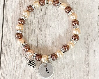 Personalized Initial Bracelet: Pearl Bead Pine Cone Charm