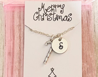 Candy Cane Necklace For Girls Gifts, Personalised Necklace Christmas Gift For Her, Initial Necklace, Christmas Jewelry, Christmas Necklace
