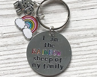 Gay Pride Keyring,Rainbow Sheep Keyring,LGBTQ Keyring,Pride Gifts,Gay Pride Gifts,Hand Stamped Keyring,Gift For Gay Friend Gift, Rainbow