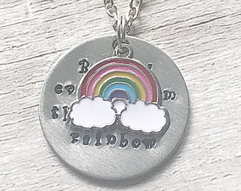 Rainbow Charm Necklace For Women, Rainbow Quote Necklace, Hand Stamped Necklace, Rainbow Necklace, Storm Quotes, Rainbow Jewellery For Her
