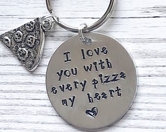 Pizza Love Keyring, Hand Stamped Keychain For Him, Valentines Day Gift For Him, Gift For Husband Valentine, I Love You Boyfriend Keychain