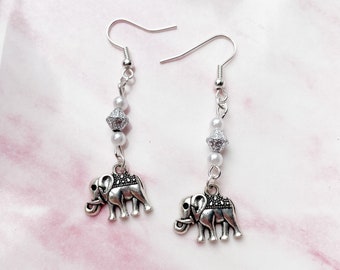 Elephant Earrings, Dangly Earrings, Elephant Charm Earrings, Elephant Gifts, Zoo Animal Earrings, Handmade Earrings, Beaded Earrings Silver