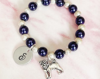 Pug Bracelet, Initial Bracelet, Girls Bracelet, Pug Gifts, Kids Bracelet, Charm Bracelet, Stretch Bracelet, Bead Bracelet, Pug Charm