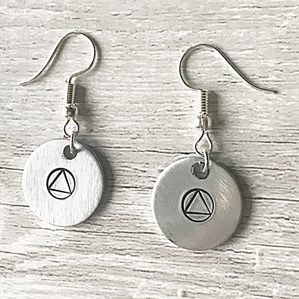 Recovery Symbol Earrings, Sobriety Earrings, Hand Stamped Earrings, Recovery Jewelry, Sobriety Gift, Sobriety Jewelry, Recovery Gift