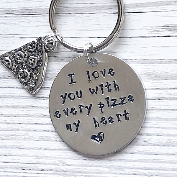 Pizza Love Hand Stamped Keychain: Valentine's Gift