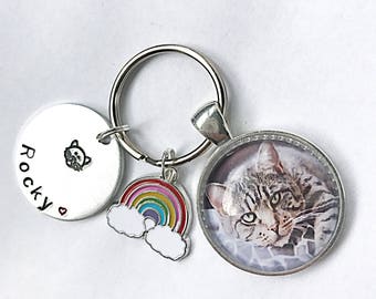 Cat Memorial Keyring Cat Keyring, Cat Keepsake Pet Memorial,In Memory Keyring, Rainbow Bridge Keyring, Hand Stamped Keyring, Photo Keyring